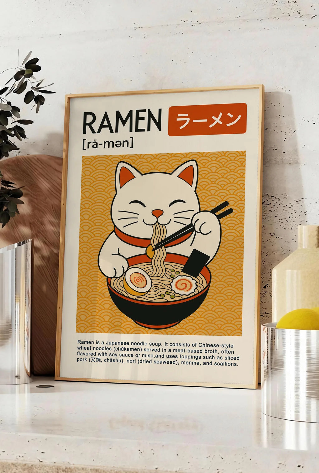 Affiche affiche ramen chat blanc mangeant un bol fumant a la baguette, posee sur un plan de travail de cuisine en pierre claire, entre une branche d'eucalyptus en vase et un bocal de citrons