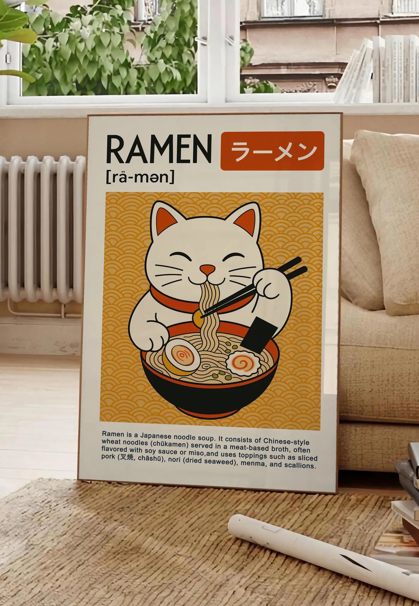 Poster affiche ramen chat blanc mangeant un bol fumant a la baguette, posee au sol dans un salon parisien, devant une grande fenetre donnant sur un immeuble haussmannien, entre un ficus et un canape creme