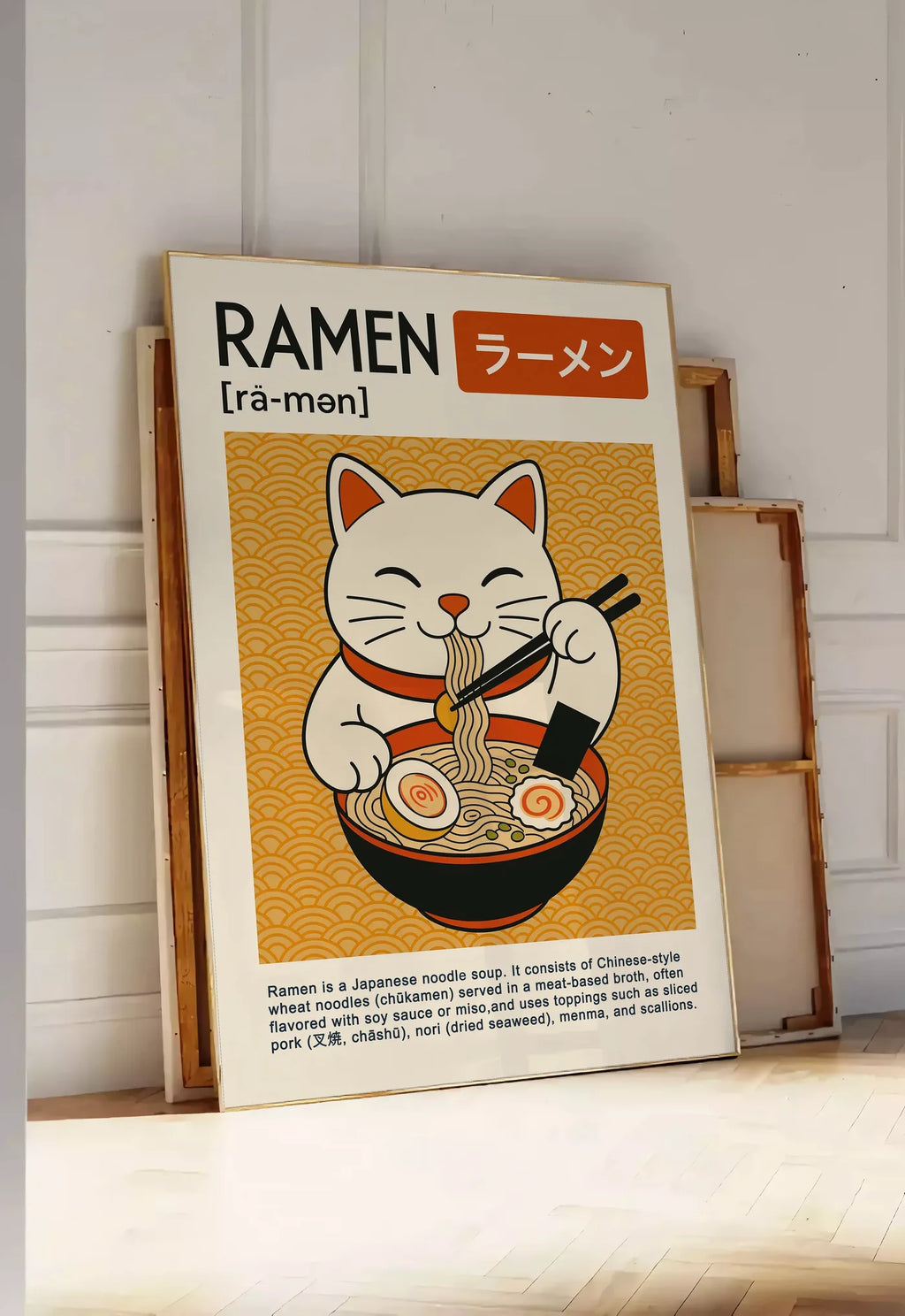 Tirage encadrable affiche ramen chat blanc mangeant un bol fumant a la baguette, posee au sol dans une entree lumineuse, contre un mur a panneaux blancs, a cote de chassis en bois empiles