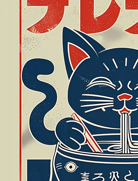 Gros plan sur le chat bleu marine aspirant les nouilles de ramen
