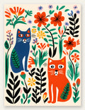 Affiche chats art naif, deux chats bleu et orange parmi des fleurs rouges