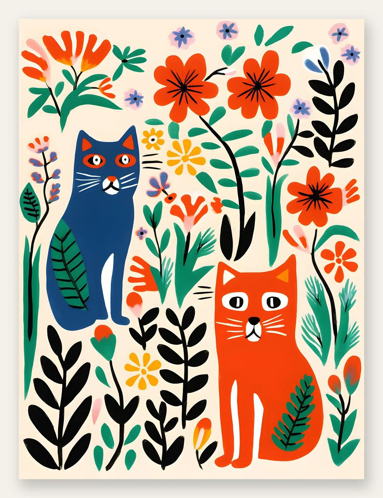 Affiche chats art naif, deux chats bleu et orange parmi des fleurs rouges