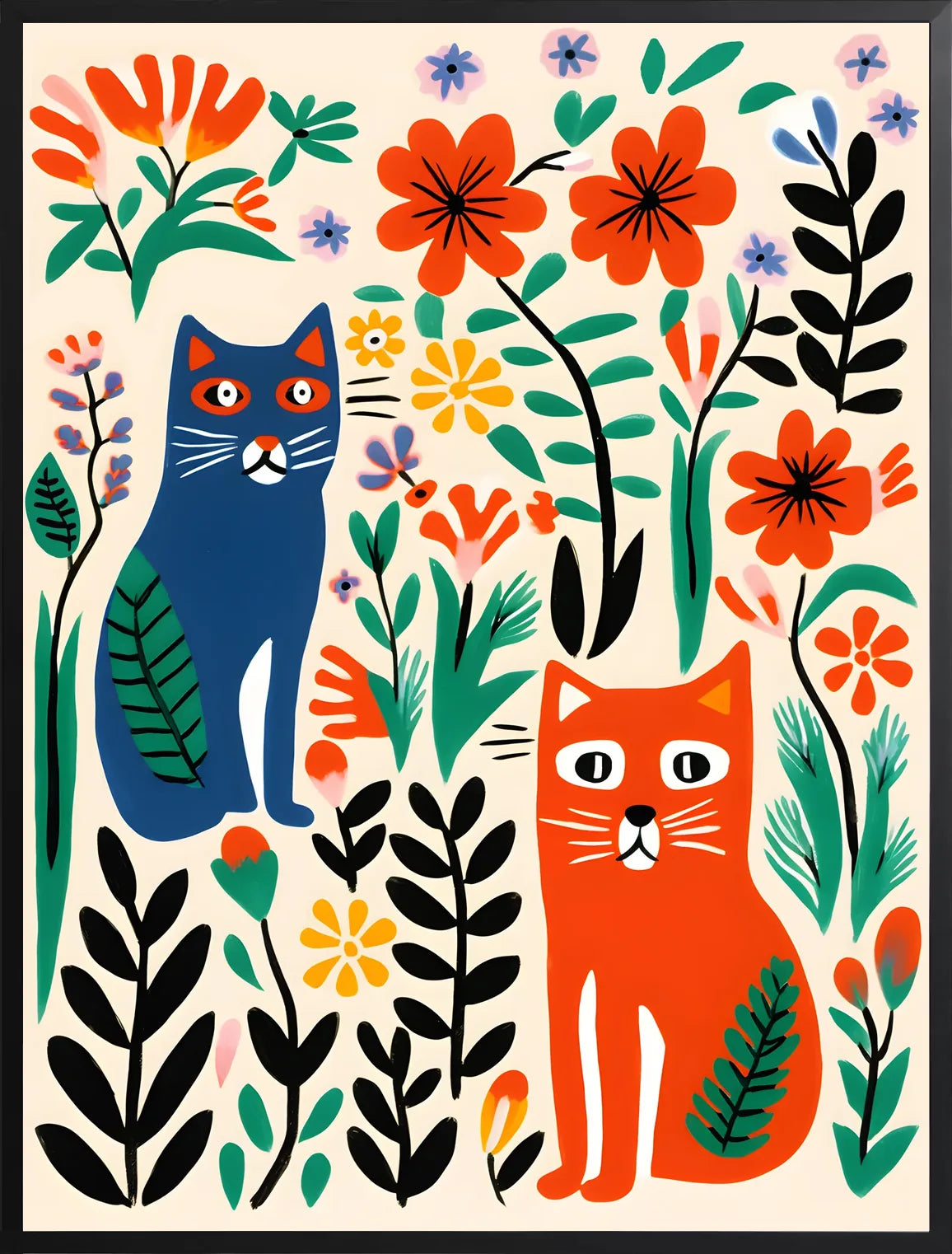 Encadrement noir mat autour des chats et des fleurs rouges