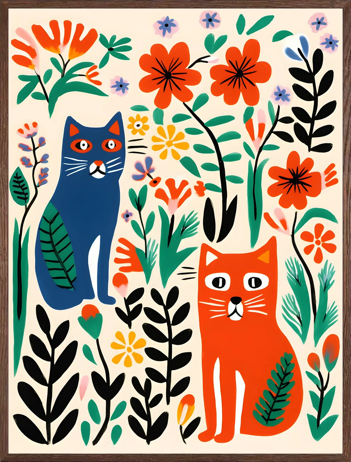 Cadre chene clair entourant l'affiche chats fleurs art naif