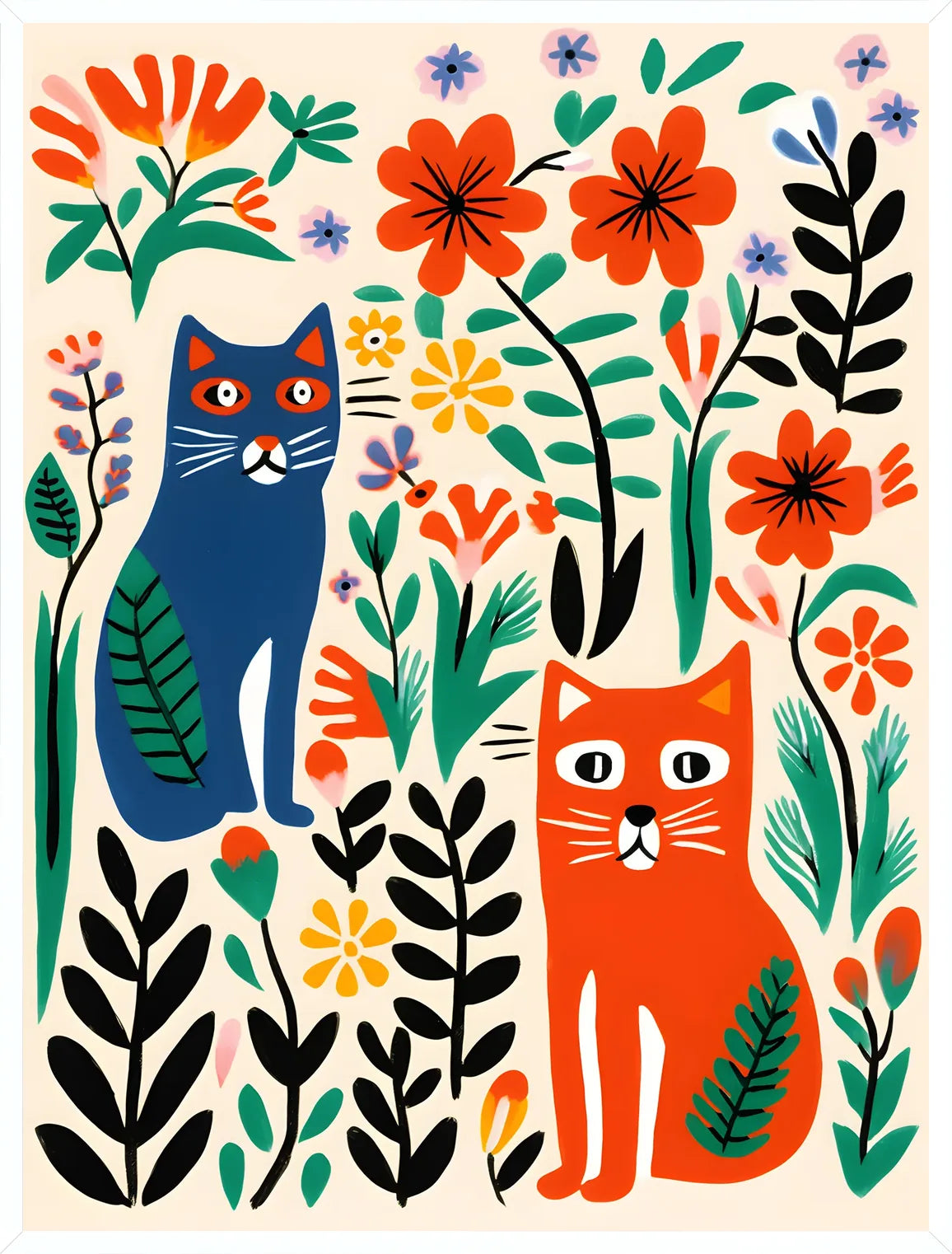 Cadre blanc epure presentant l'affiche chats art naif