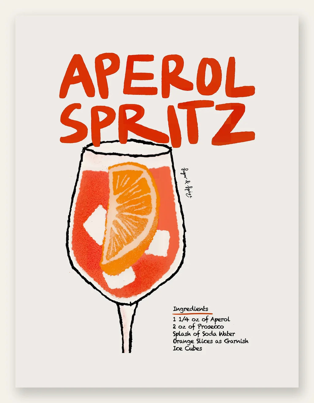 Verre d'Aperol Spritz, tranche d'orange, glaçons et lettrage manuscrit, palette rouge brique et ocre jaune