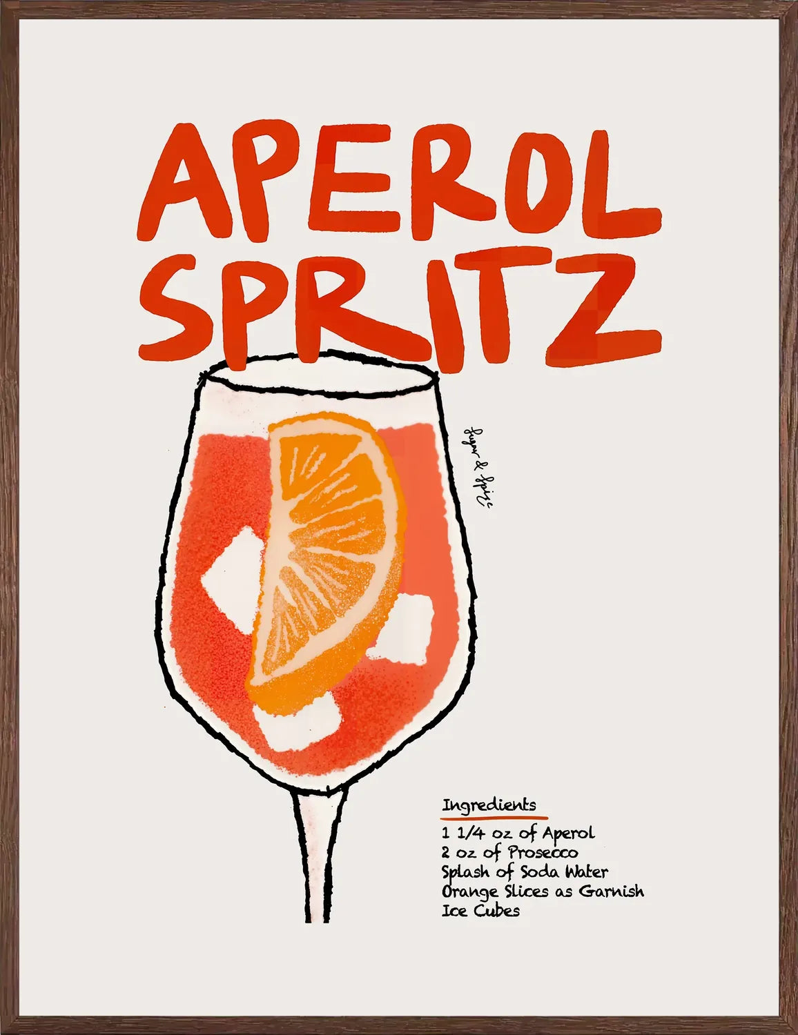 Aperol Spritz en cadre chene clair, finition mate, lettrage peint visible en haut