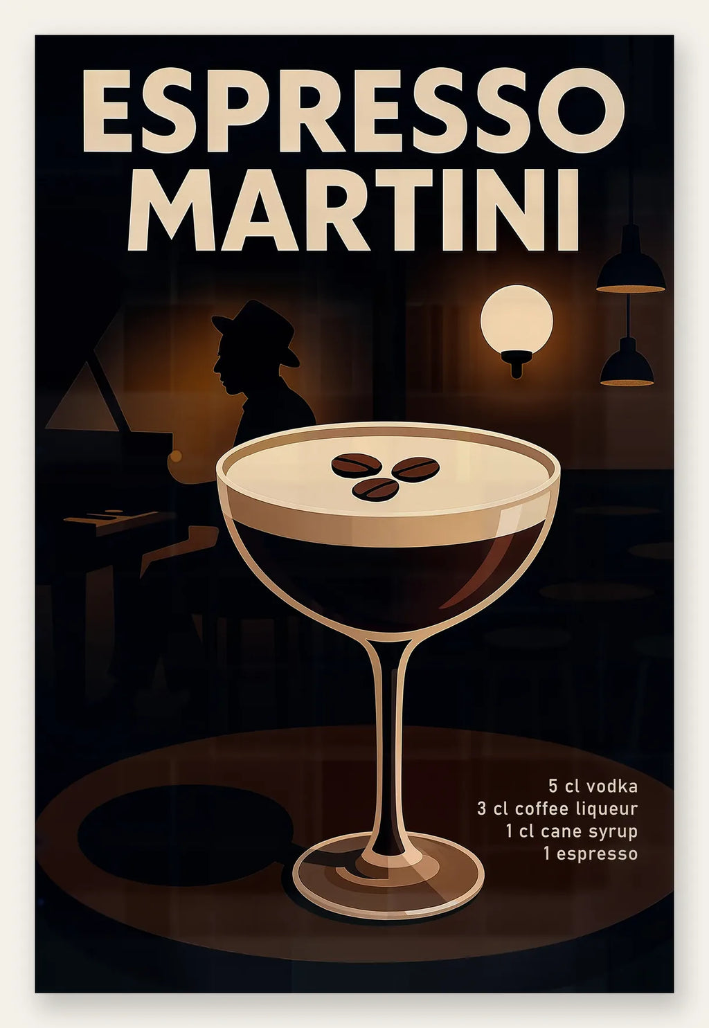 Affiche Espresso Martini, verre coupe avec grains de cafe et pianiste silhouette en fond sombre