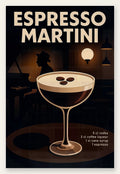 Affiche Espresso Martini, verre coupe avec grains de cafe et pianiste silhouette en fond sombre