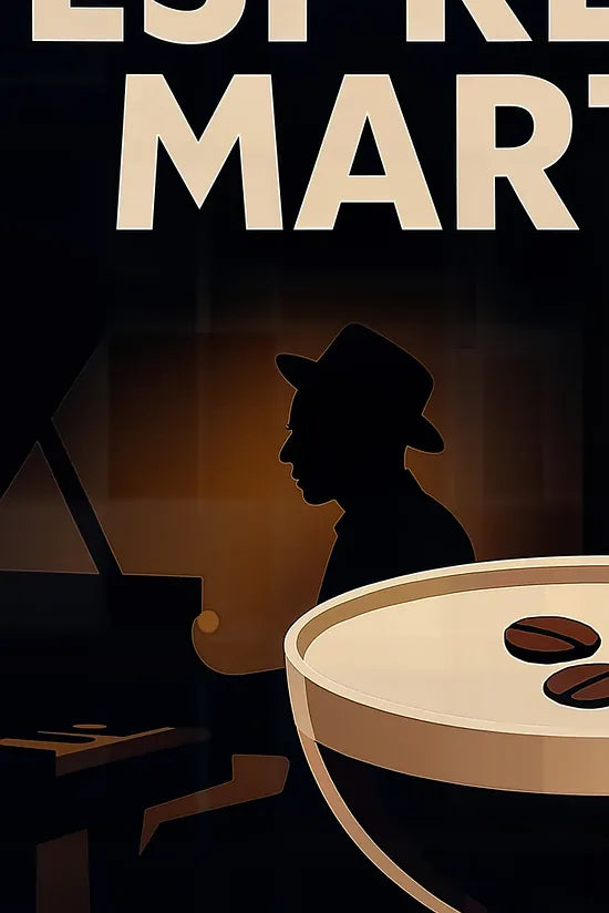 Gros plan sur le verre coupe Espresso Martini, grains de cafe et mousse creme