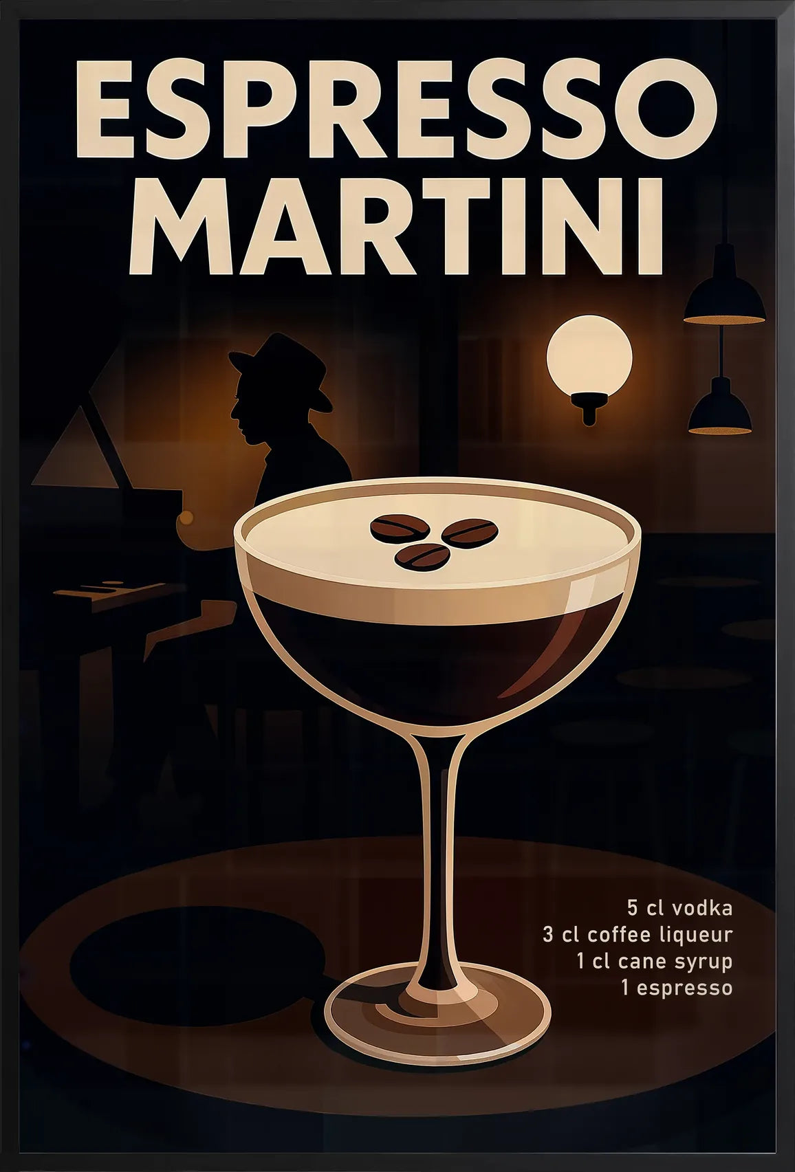 Encadrement noir mat autour du verre coupe Espresso Martini et pianiste