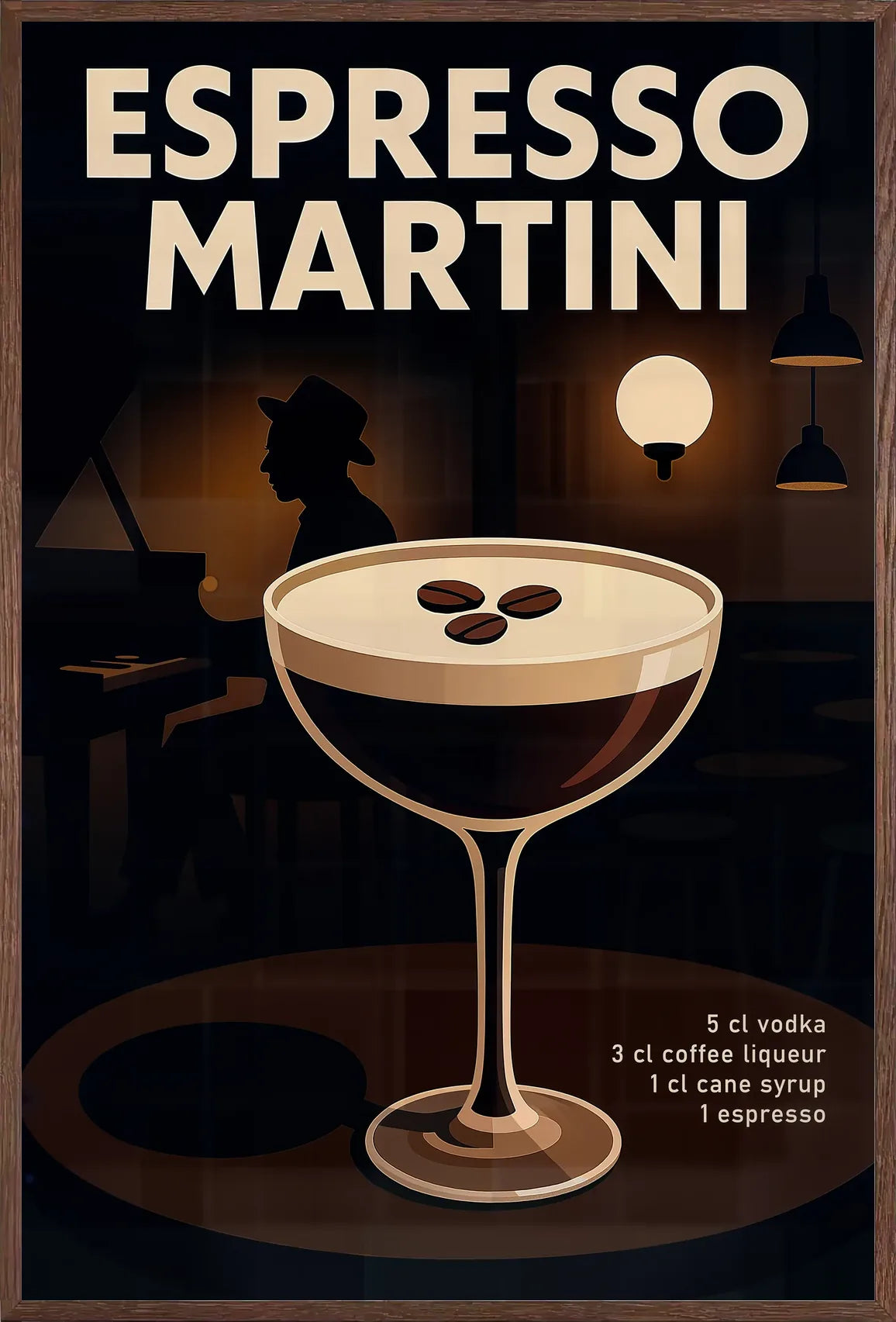 Cadre chene clair entourant l'affiche Espresso Martini cocktail bar jazz