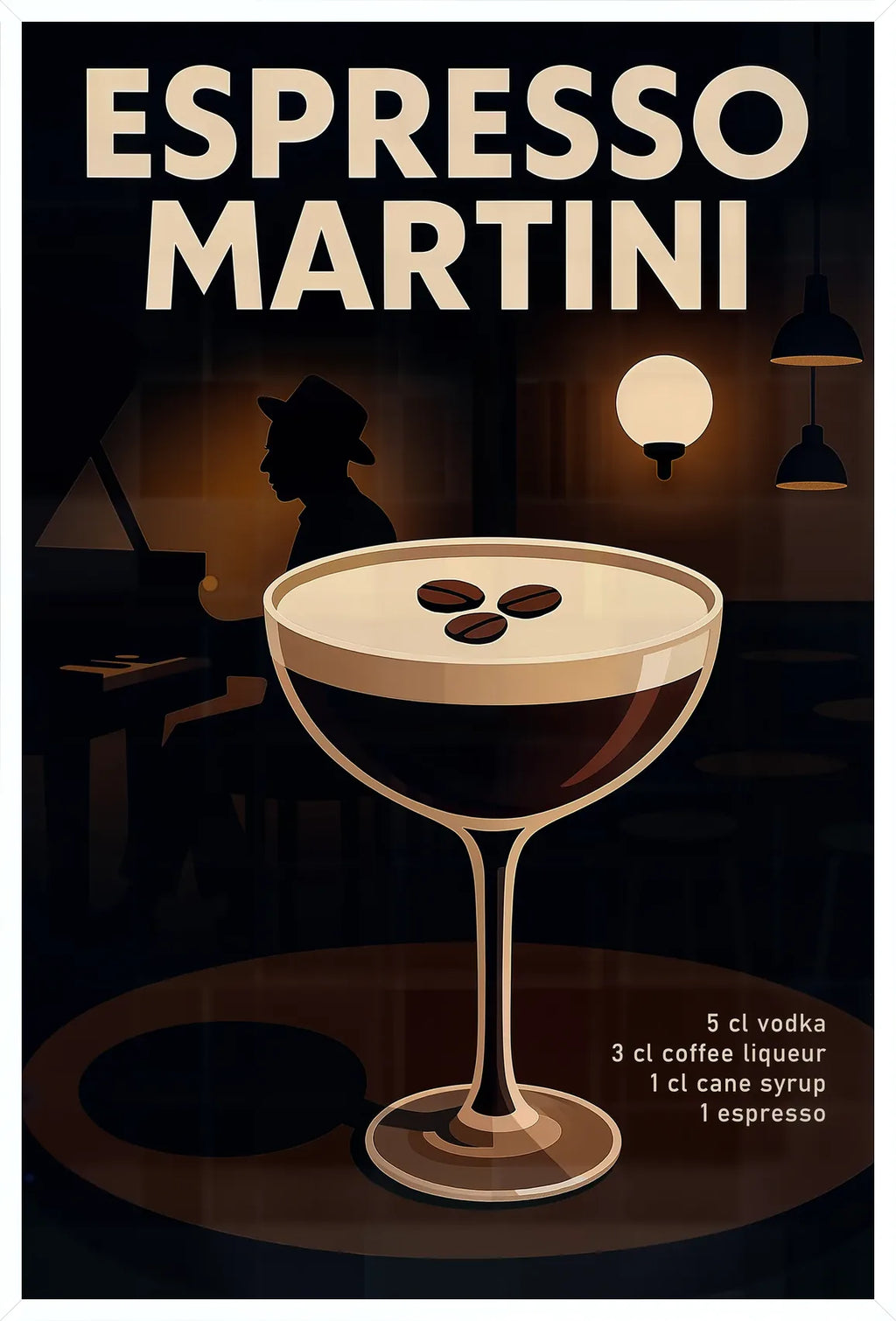 Cadre blanc epure presentant l'affiche cocktail Espresso Martini jazz