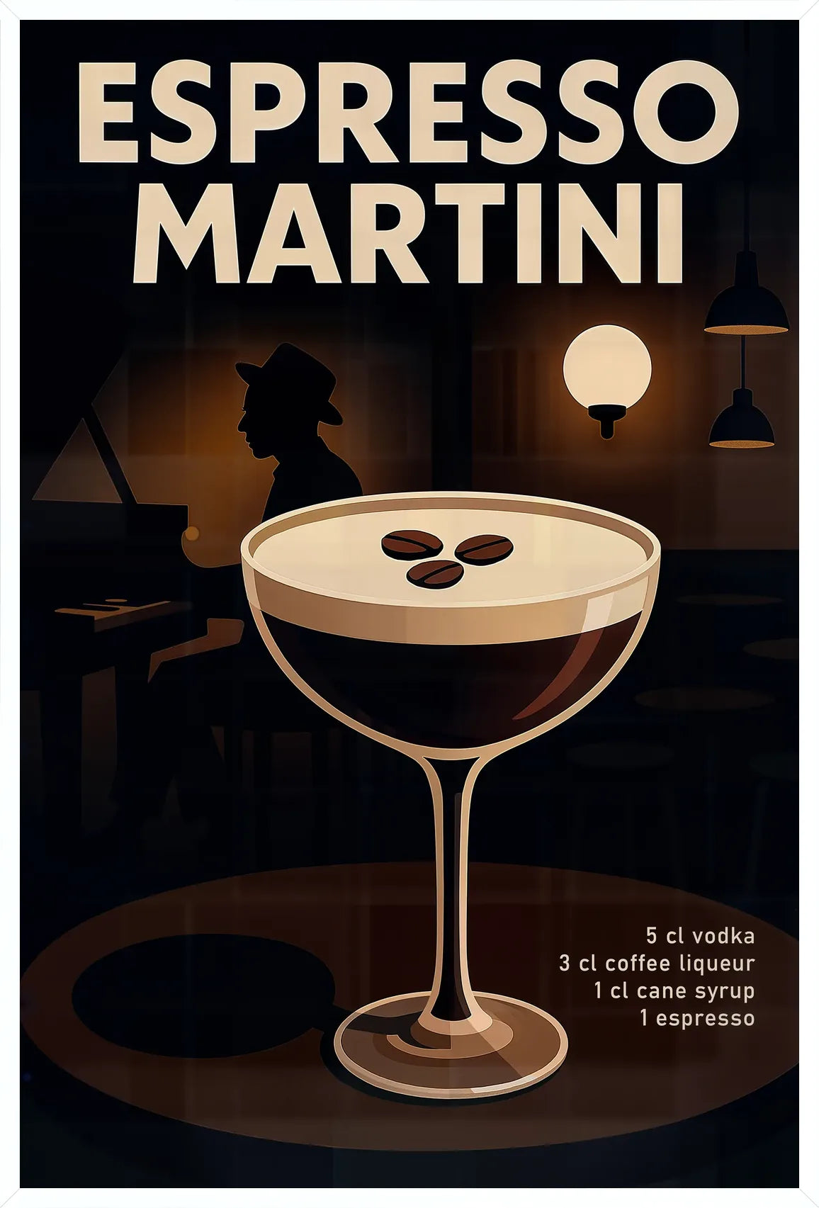 Cadre blanc epure presentant l'affiche cocktail Espresso Martini jazz