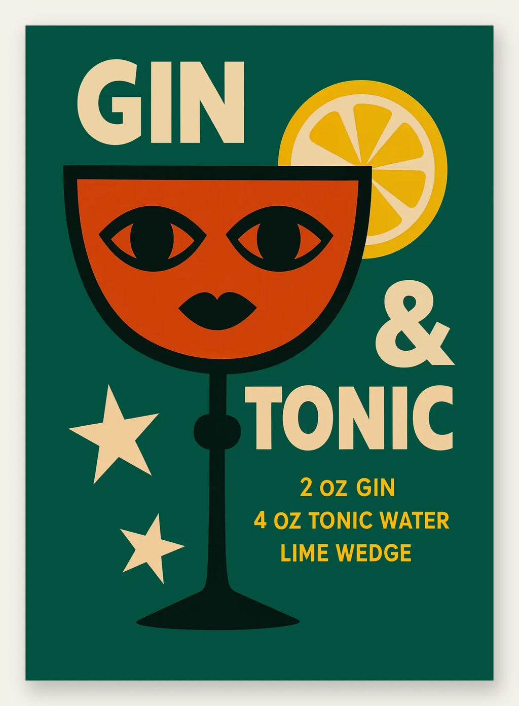Affiche gin tonic pop-art, copa a visage rouge brique et orange sur fond vert sapin