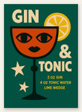 Affiche gin tonic pop-art, copa a visage rouge brique et orange sur fond vert sapin
