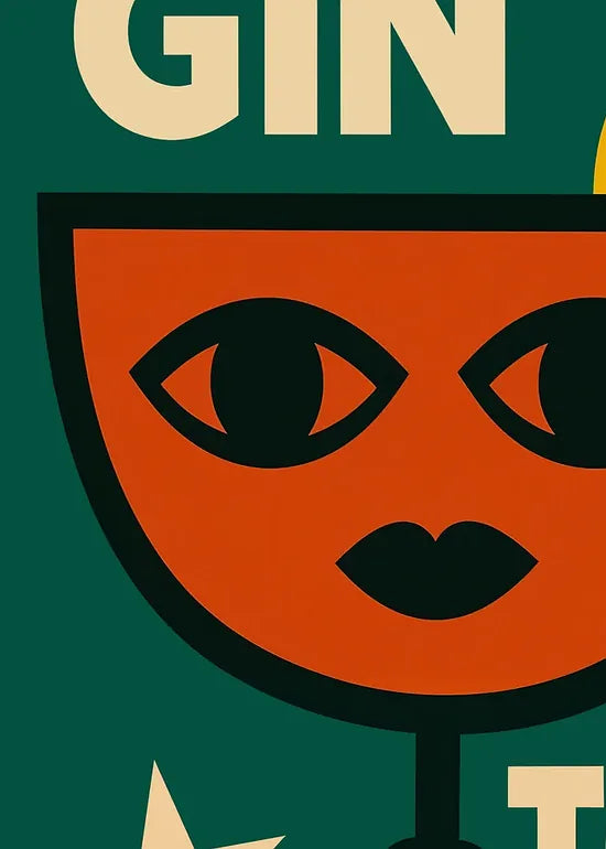 Gros plan sur le copa Gin Tonic, visage surreal iste et rondelle d'orange