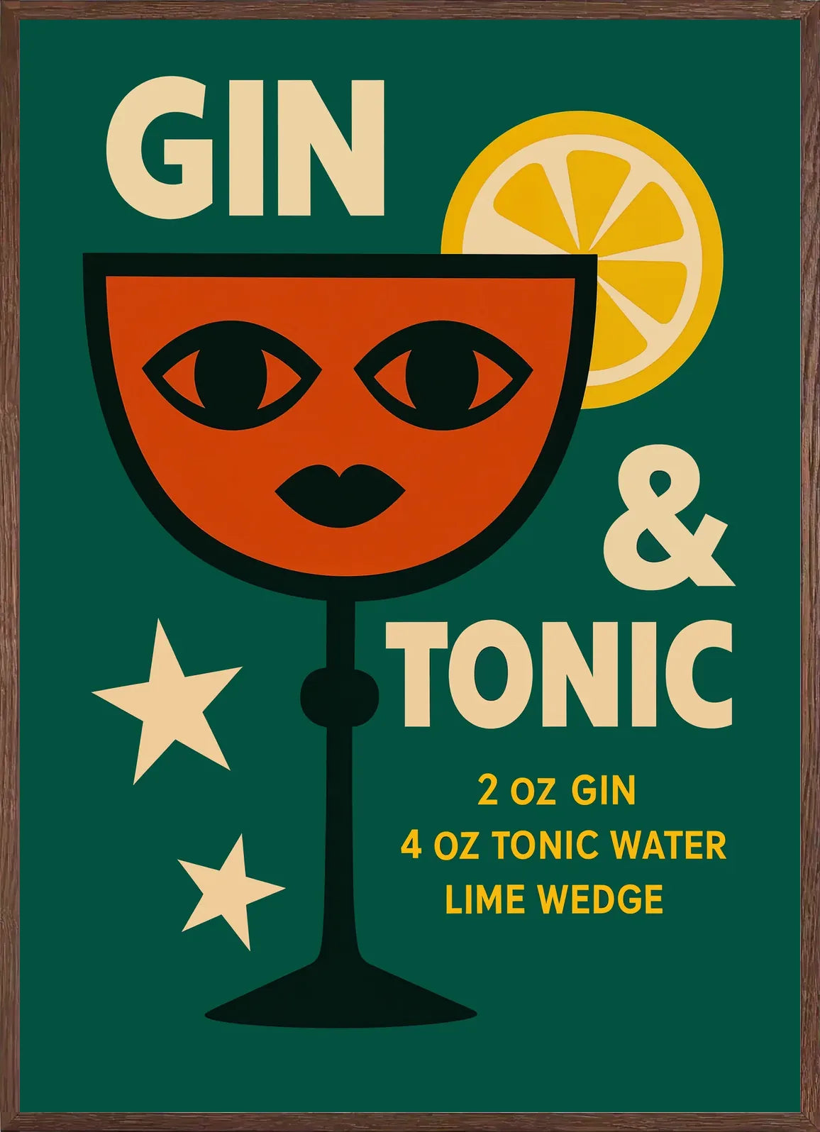 Cadre chene clair entourant l'affiche Gin Tonic cocktail pop-art vert