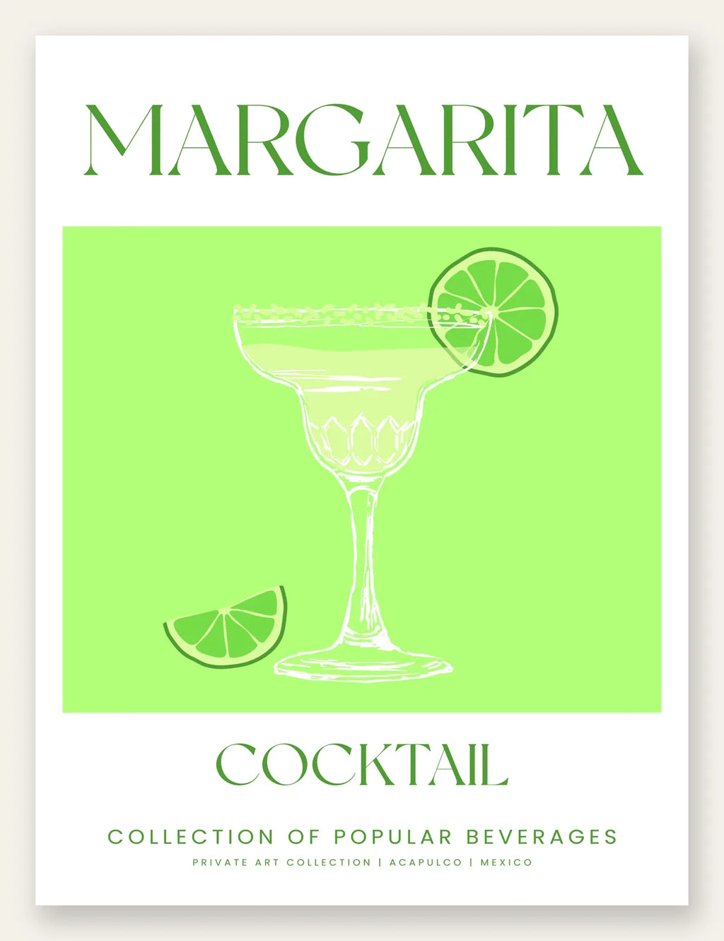 Affiche margarita minimaliste, verre coupe givre et rondelles de citron vert sur fond vert tilleul