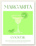 Affiche margarita minimaliste, verre coupe givre et rondelles de citron vert sur fond vert tilleul