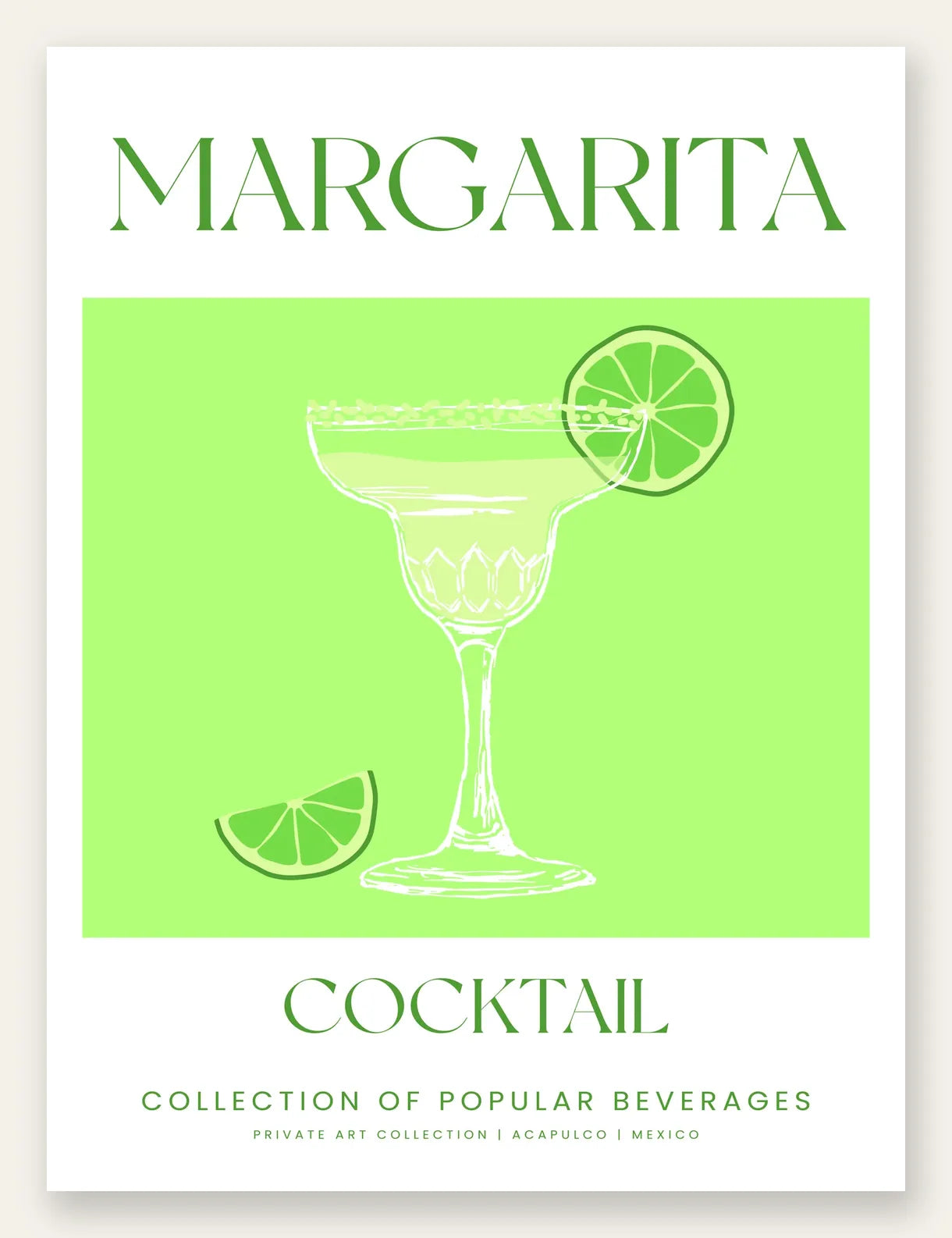 Affiche margarita minimaliste, verre coupe givre et rondelles de citron vert sur fond vert tilleul