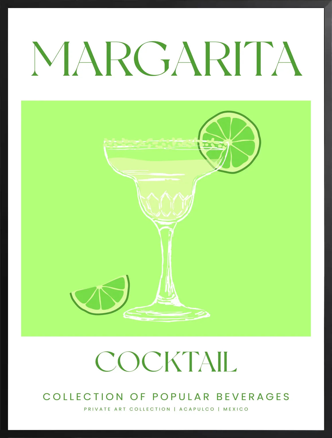 Encadrement noir mat autour du verre a margarita et citron vert line art