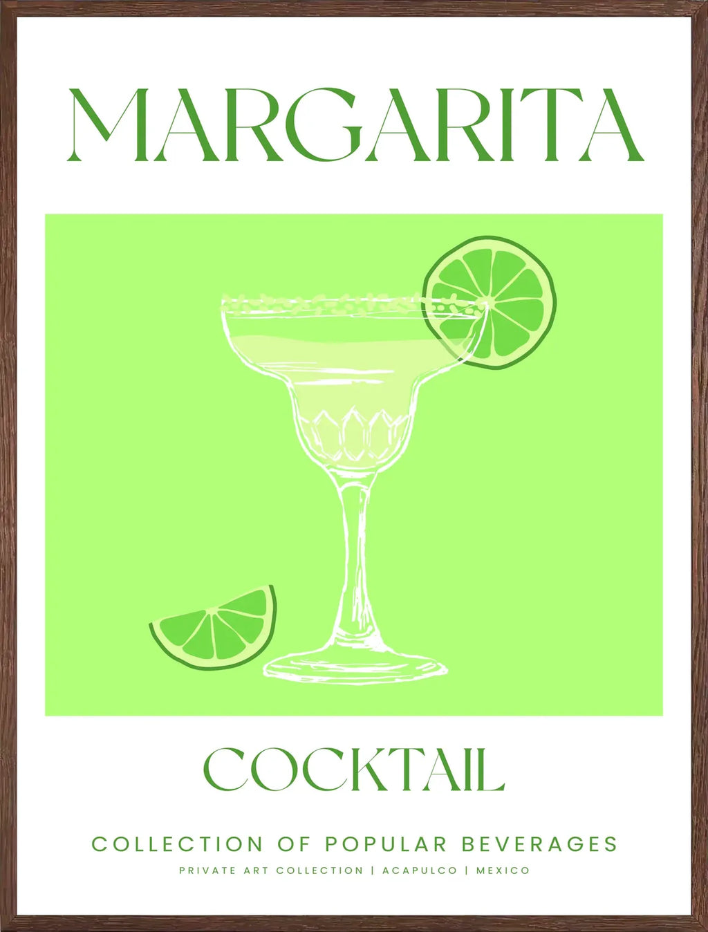 Cadre chene clair entourant l'affiche margarita cocktail au trait blanc
