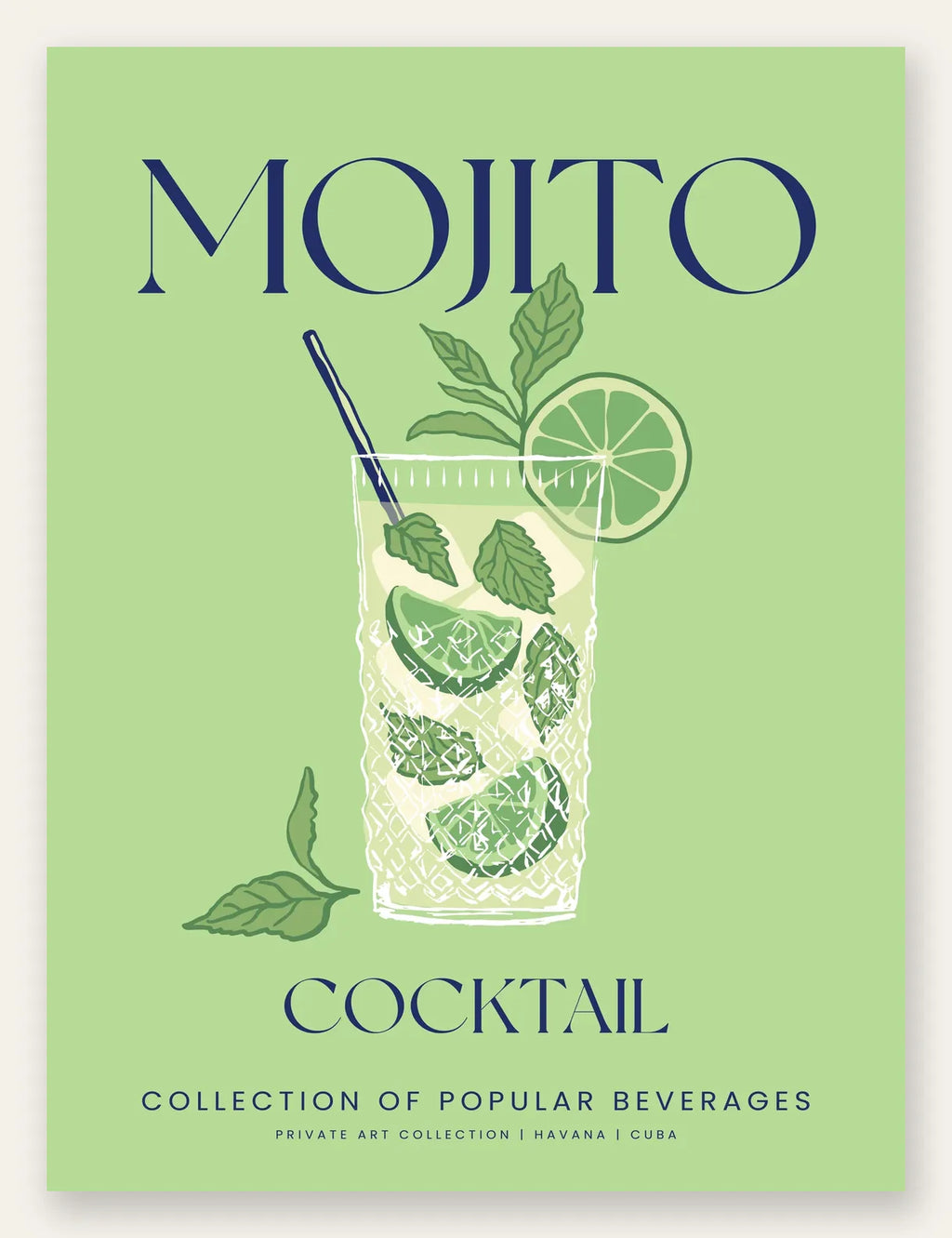 Affiche mojito minimaliste, verre highball, menthe et citron vert sur fond vert tendre