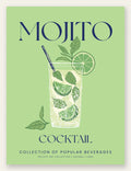 Affiche mojito minimaliste, verre highball, menthe et citron vert sur fond vert tendre