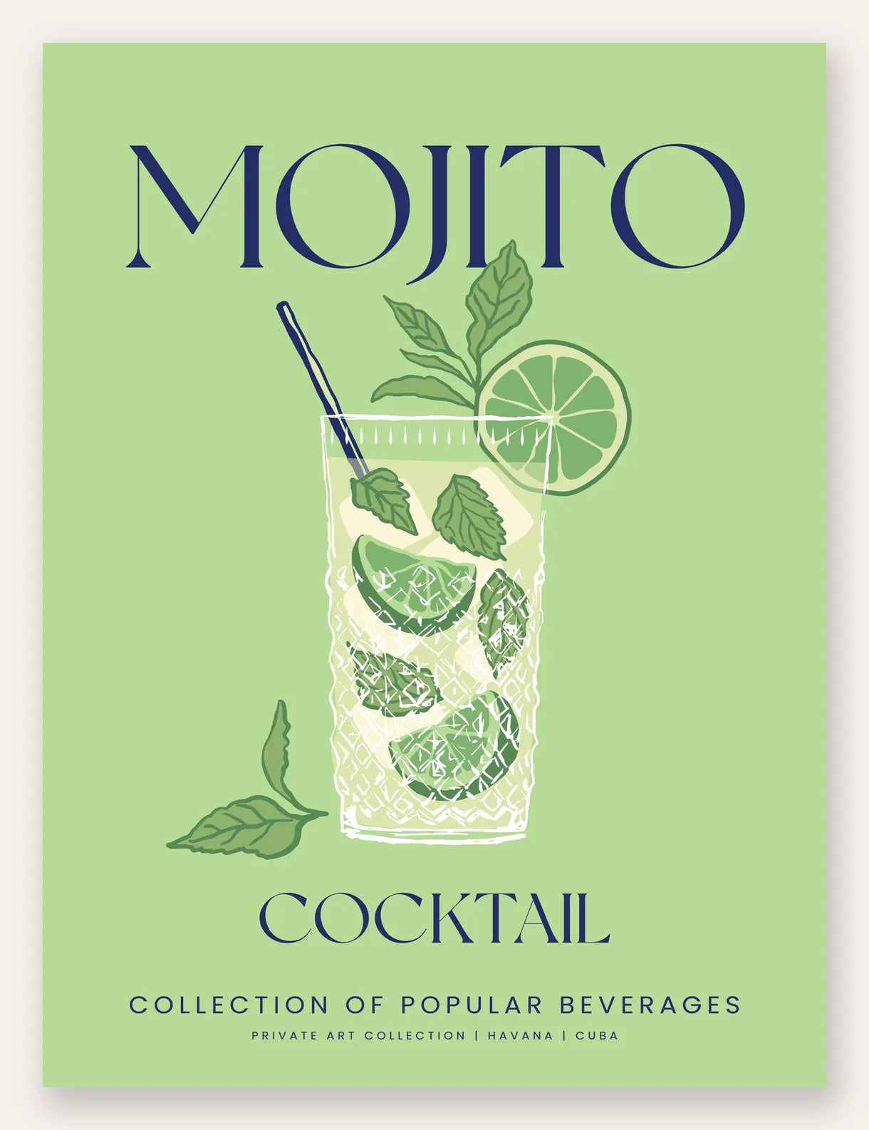 Affiche mojito minimaliste, verre highball, menthe et citron vert sur fond vert tendre