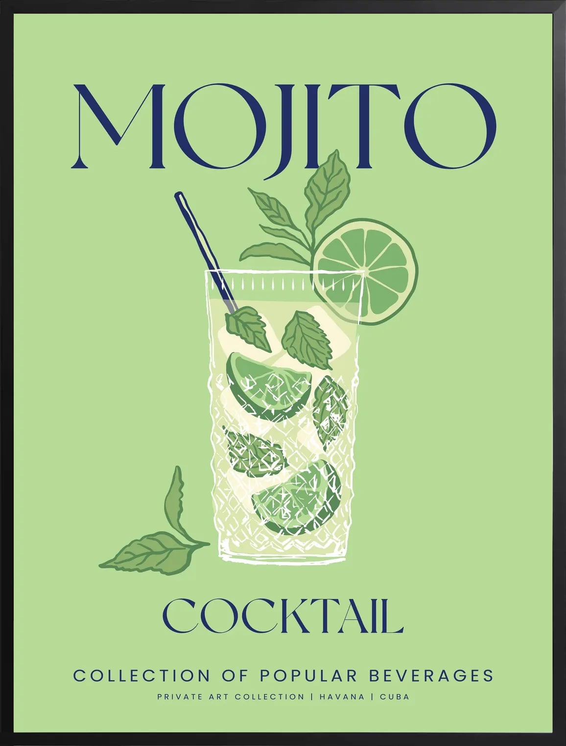 Encadrement noir mat autour du verre a mojito, menthe et glace pilee
