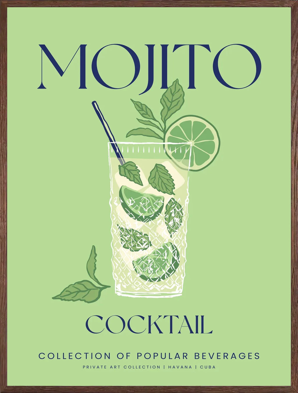 Cadre chene clair entourant l'affiche mojito cocktail au trait blanc