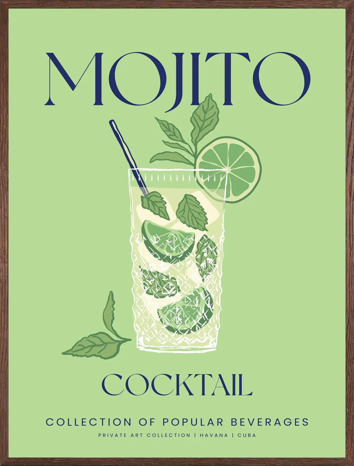 Cadre chene clair entourant l'affiche mojito cocktail au trait blanc