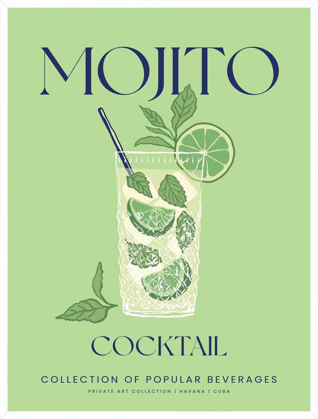 Cadre blanc epure presentant l'affiche mojito cocktail minimaliste