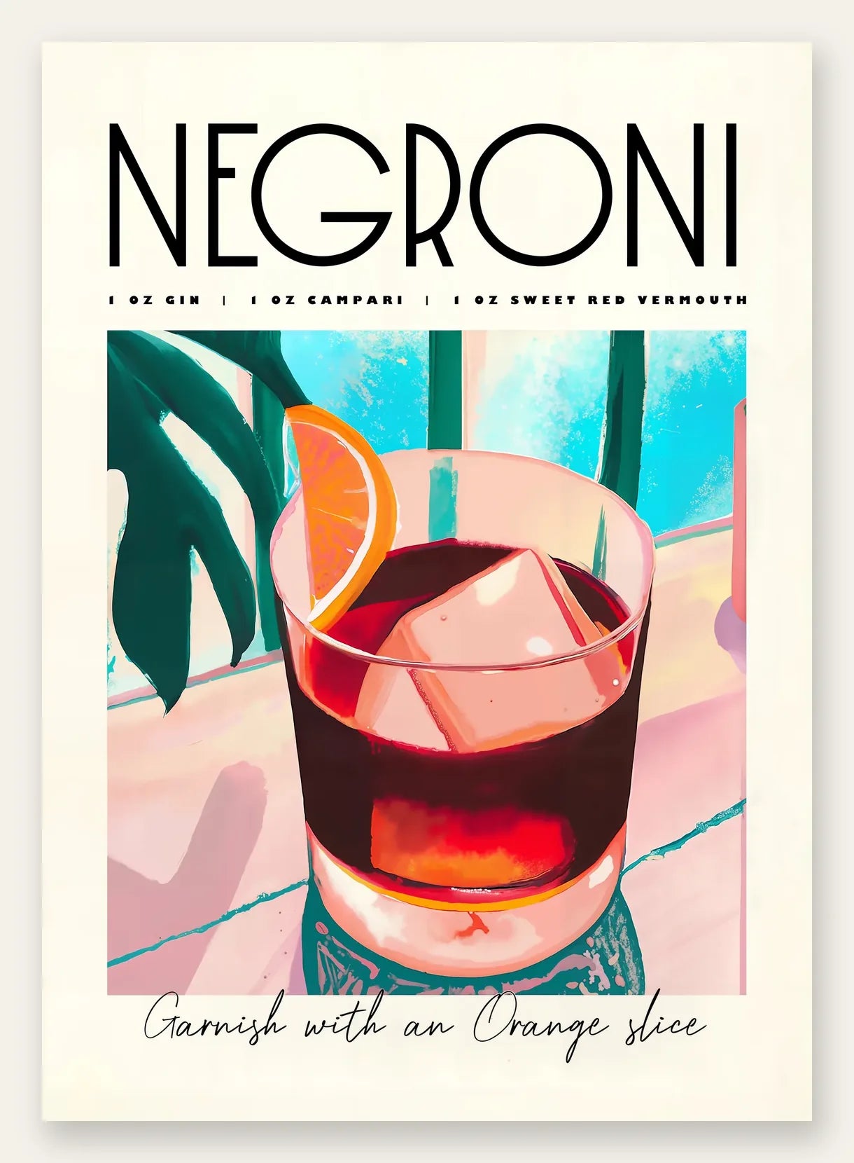Verre de Negroni avec cube de glace massif, grosse tranche d'orange et feuille tropicale, palette vermillon et bleu de cobalt