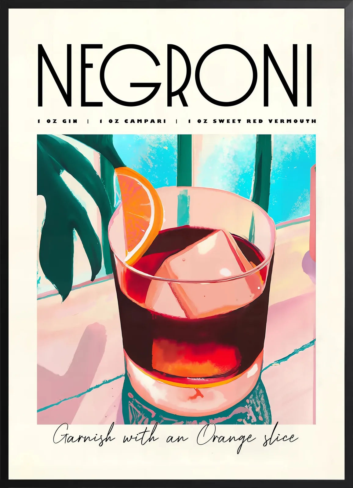 Affiche Negroni encadree noir mat, verre de Negroni et grosse tranche d'orange en contraste