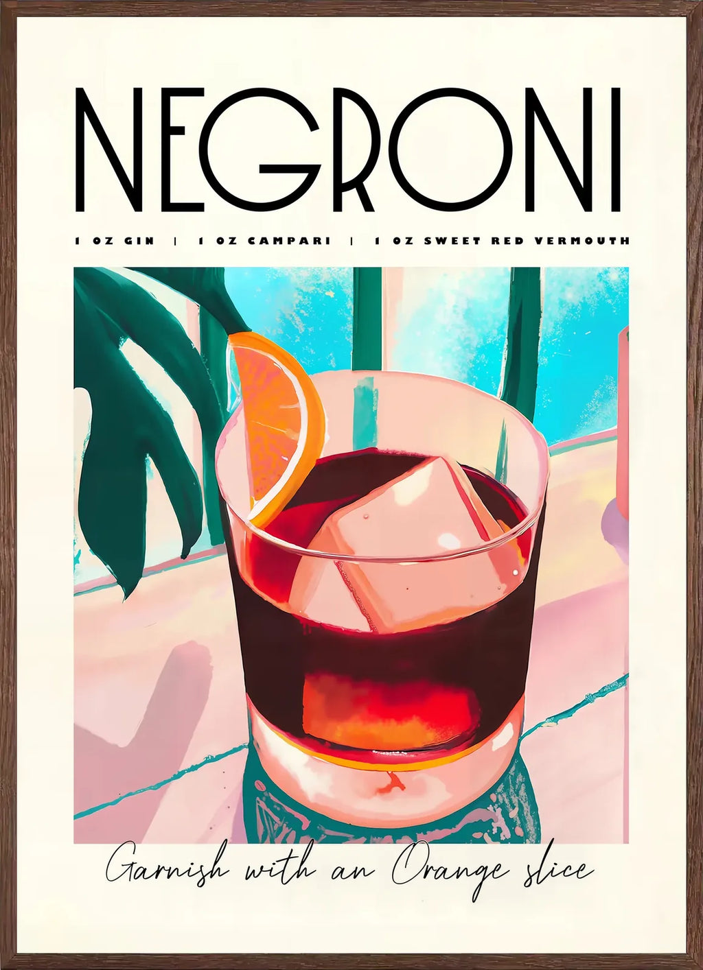 Framed oak, verre de Negroni dans un cadre chene clair, finition mat, tranche d'orange visible