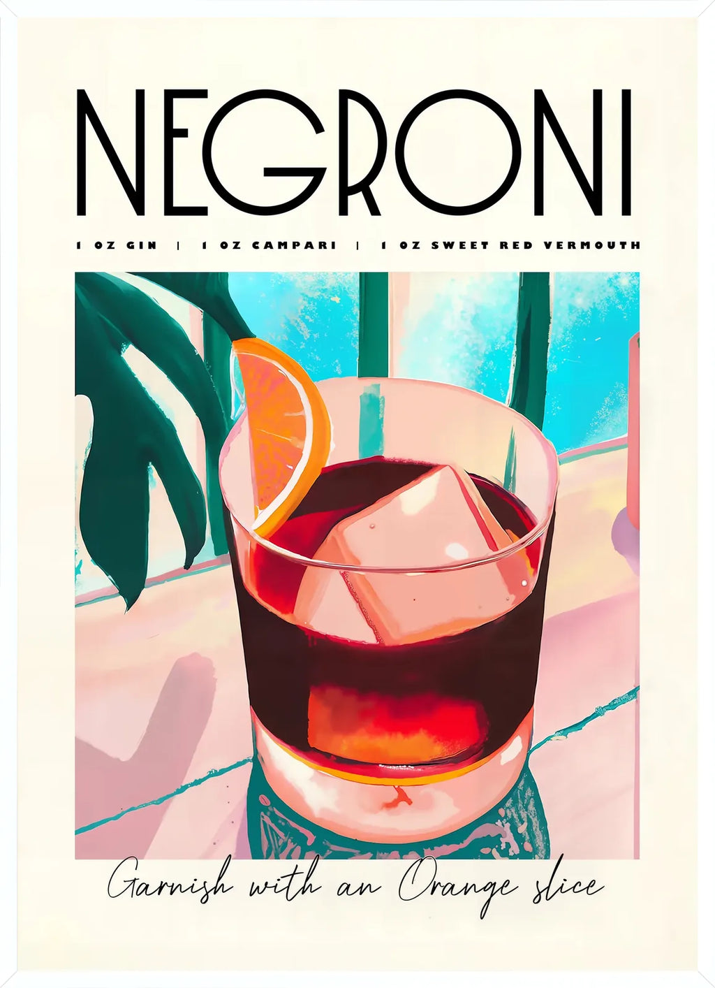 Poster Negroni en cadre blanc fin et minimal, verre de cocktail et feuille tropicale