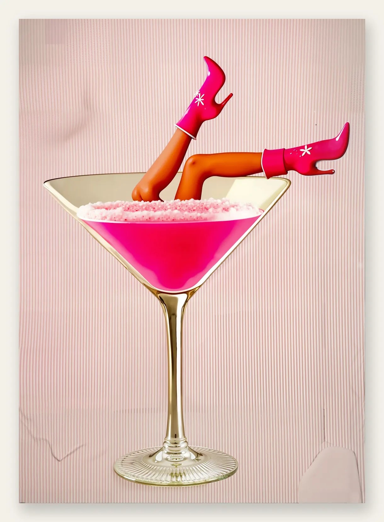 Affiche cocktail rose kitsch, verre martini et bottes fuchsia sur fond raye rose