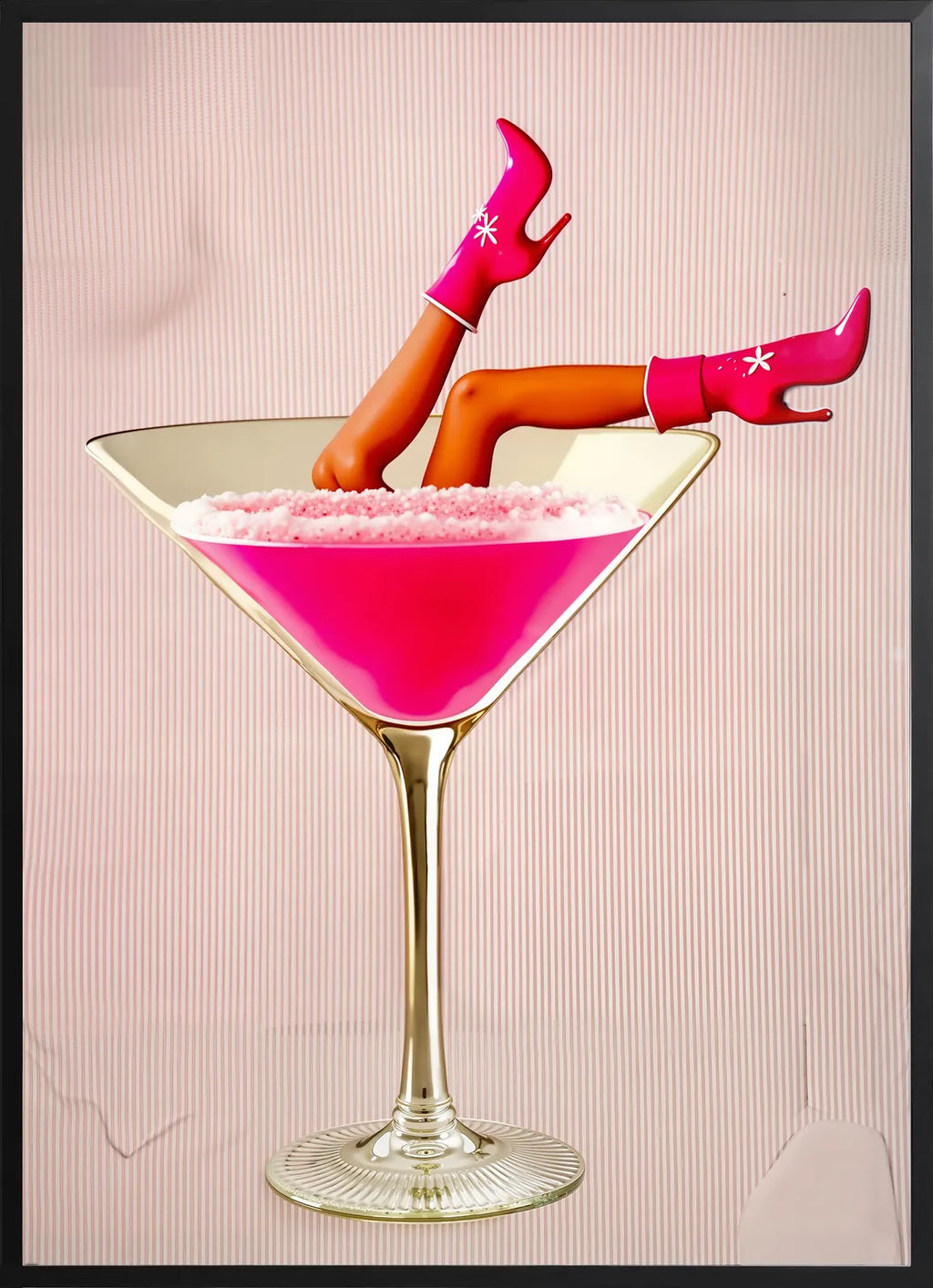 Encadrement noir mat autour du verre martini rose et bottes fuchsia