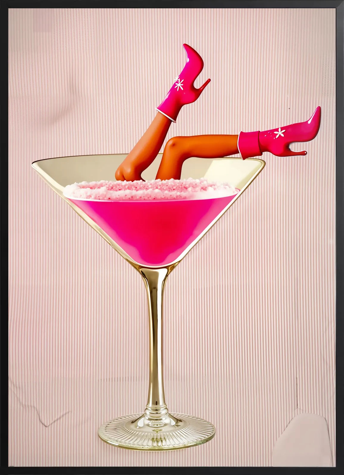 Encadrement noir mat autour du verre martini rose et bottes fuchsia