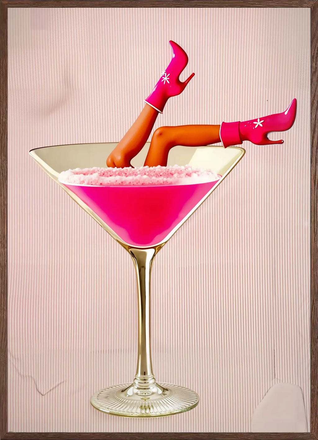 Cadre chene clair entourant l'affiche cocktail rose martini et bottes