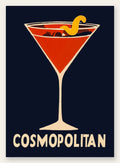 Affiche cocktail Cosmopolitan, verre martini rouge et zeste d'orange sur fond bleu nuit
