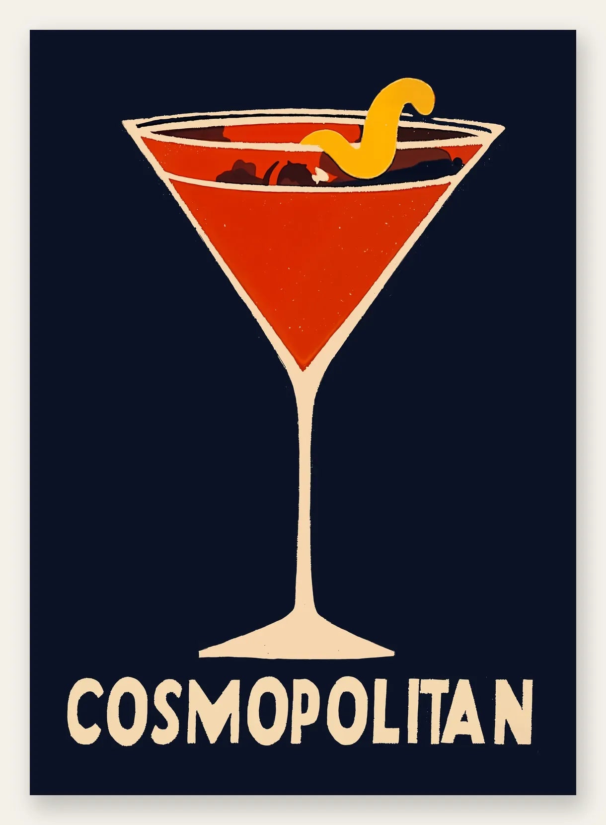 Affiche cocktail Cosmopolitan, verre martini rouge et zeste d'orange sur fond bleu nuit