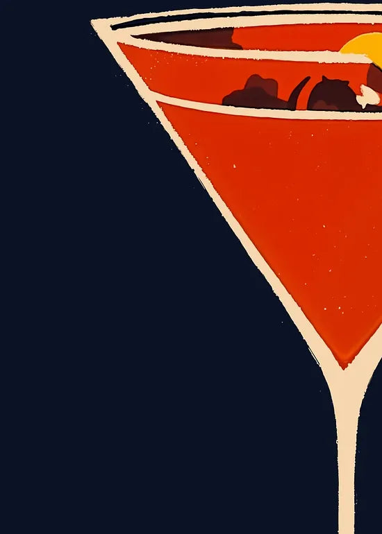 Gros plan sur le verre a cosmopolitan, cocktail rouge et zeste d'orange