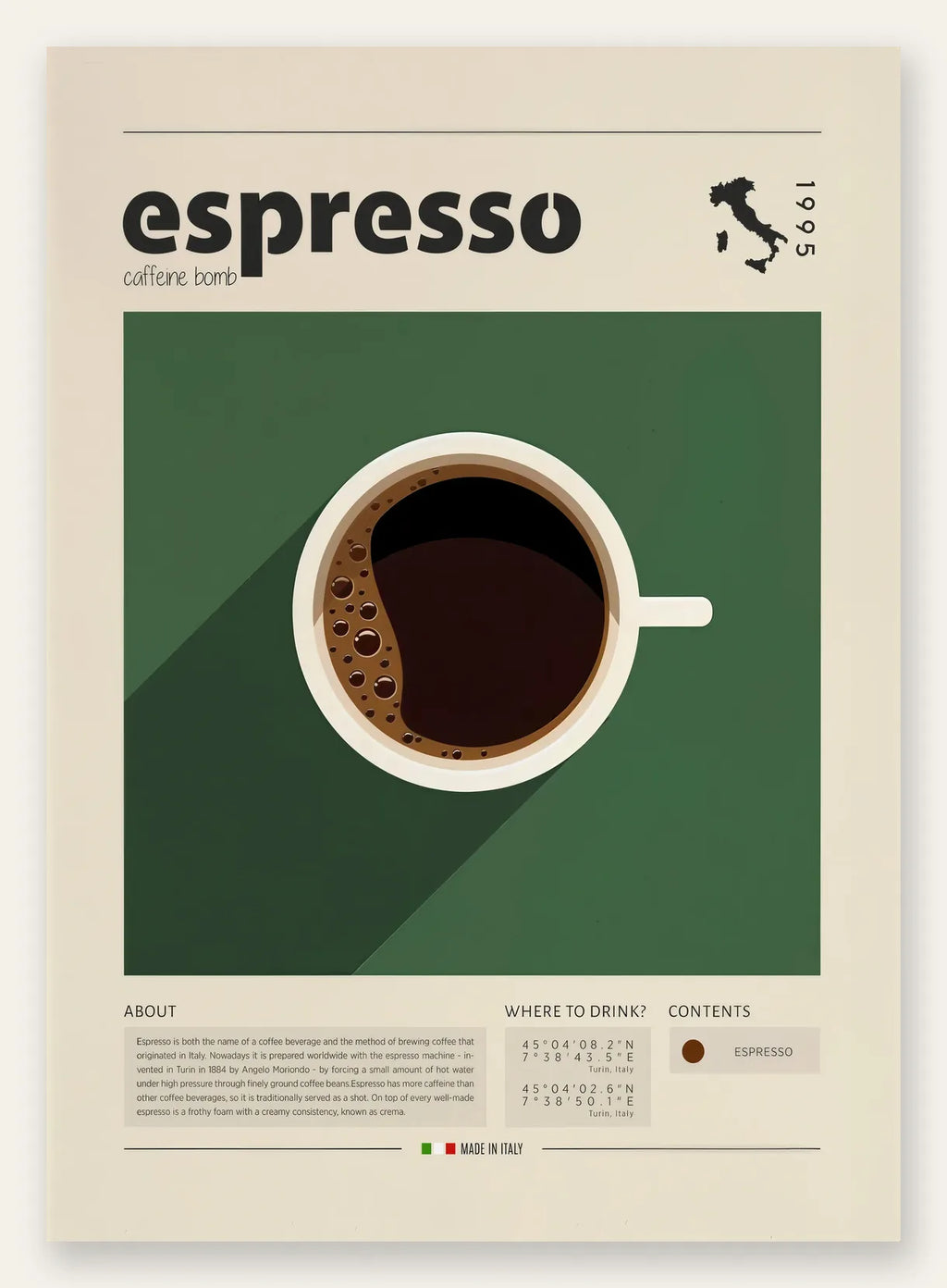 Tasse d'espresso vue de dessus sur fond vert, titre en haut, palette noir d'ivoire et terre de Sienne brûlée