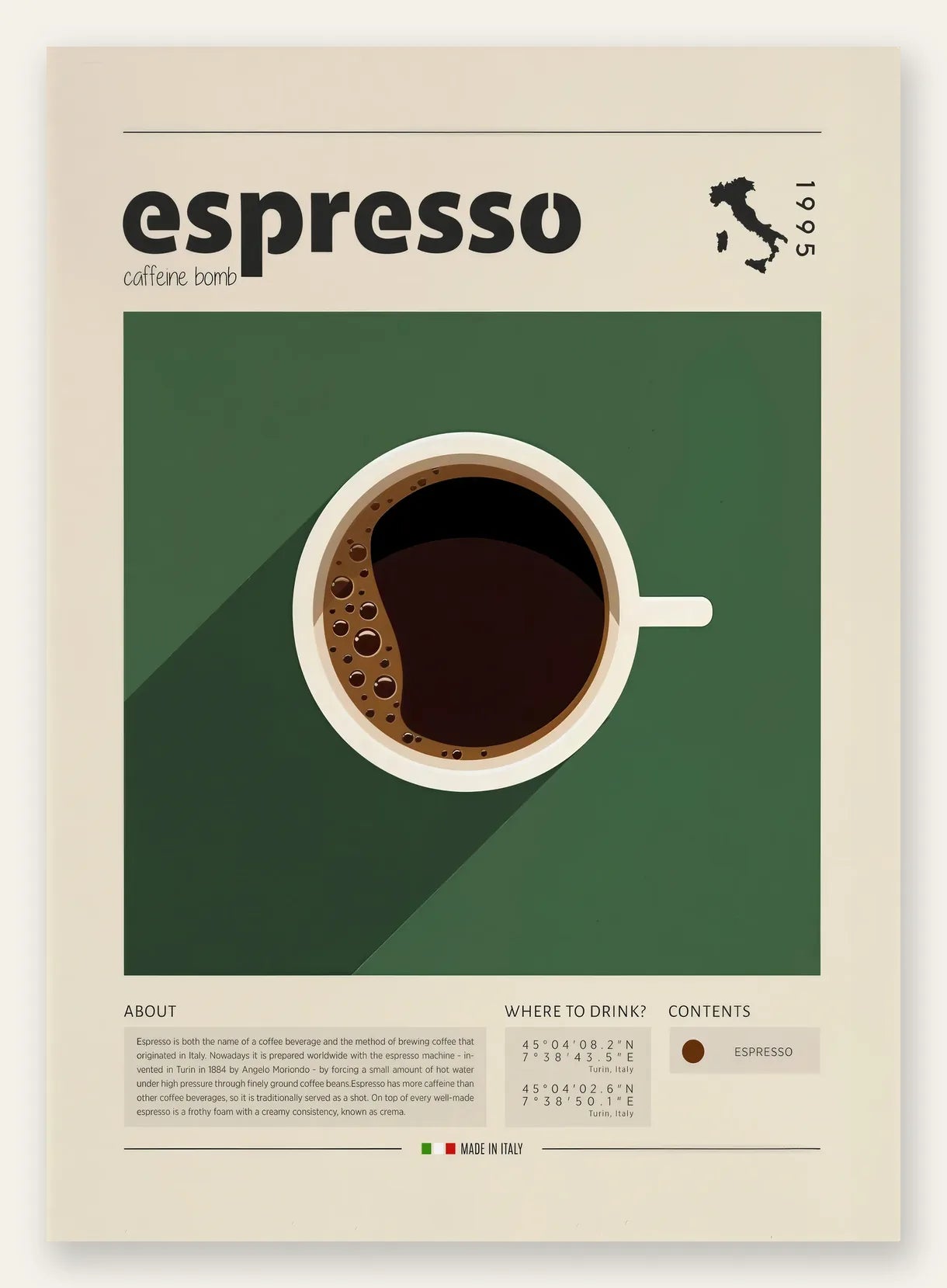 Tasse d'espresso vue de dessus sur fond vert, titre en haut, palette noir d'ivoire et terre de Sienne brûlée
