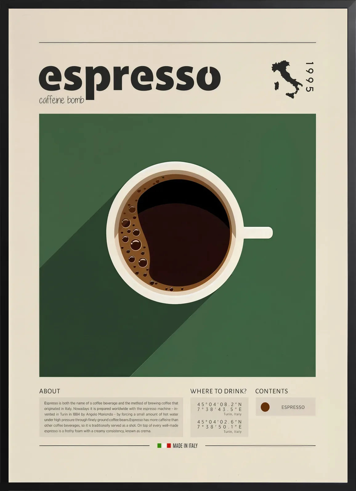 Encadrée en chêne la tasse d'espresso avec ombre diagonale et silhouette de l'Italie, lettrage manuscrit visible