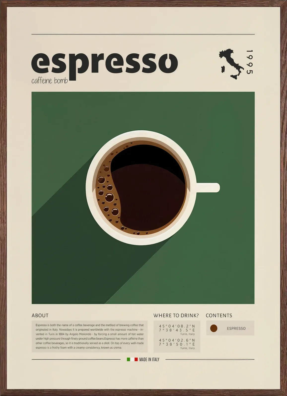 Vue plongeante de la tasse d'espresso en cadre chêne clair, finition mat, grand titre arrondi en haut