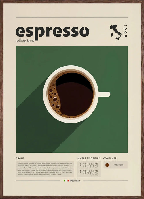 Vue plongeante de la tasse d'espresso en cadre chêne clair, finition mat, grand titre arrondi en haut